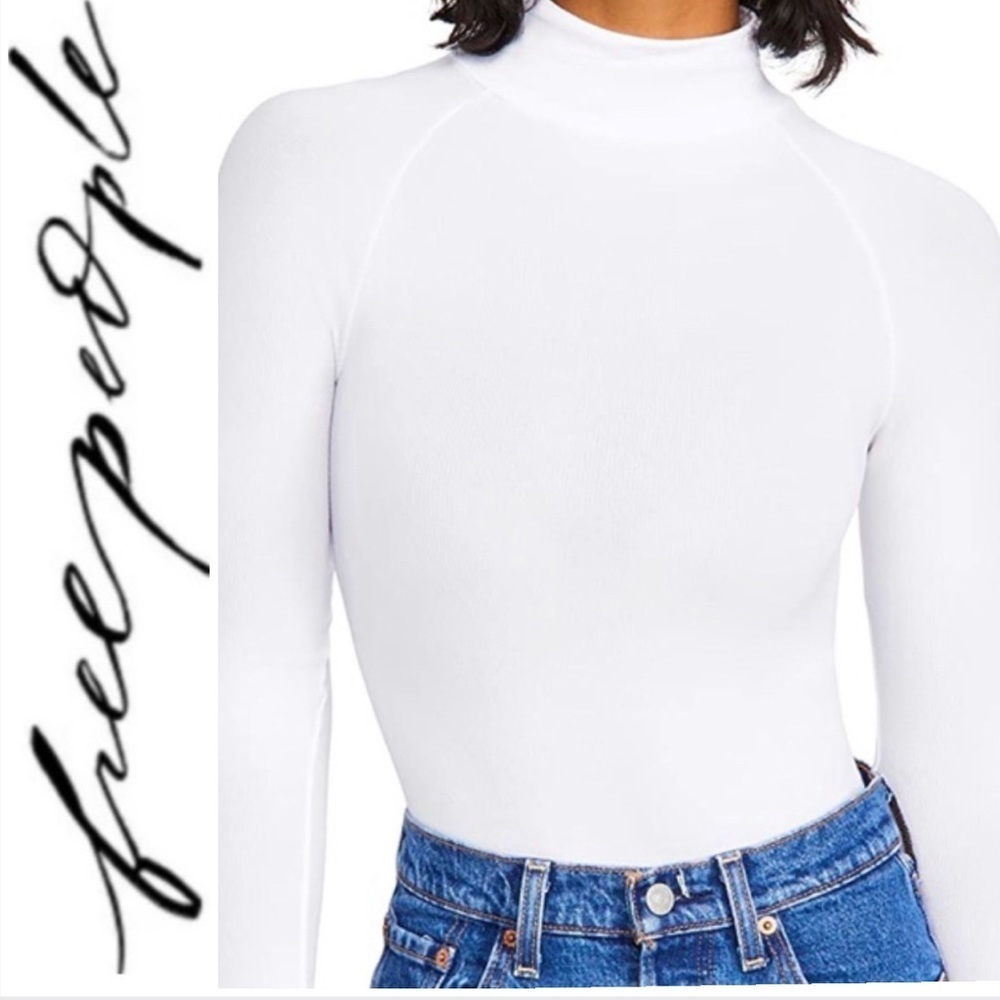 FREE PEOPLE Women's Seamless White Turtleneck Bodysuit with Cheeky Snap Gusset